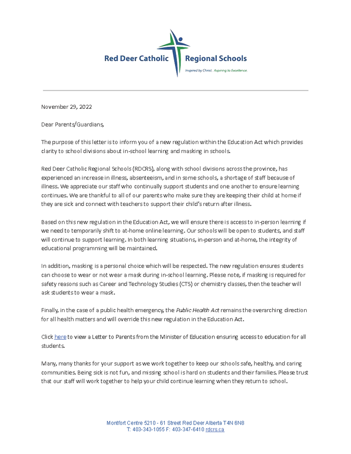 Parent/Guardian Letter for In-Person Learning and Masking