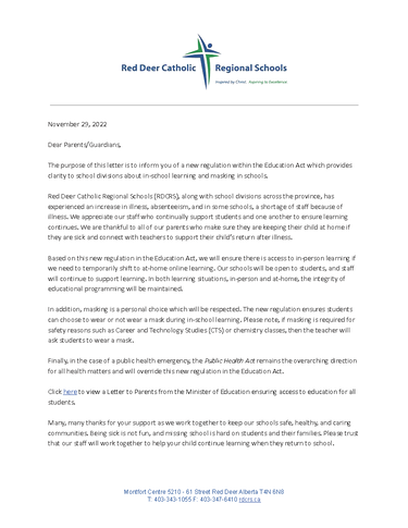 Parent/Guardian Letter for In-Person Learning and Masking